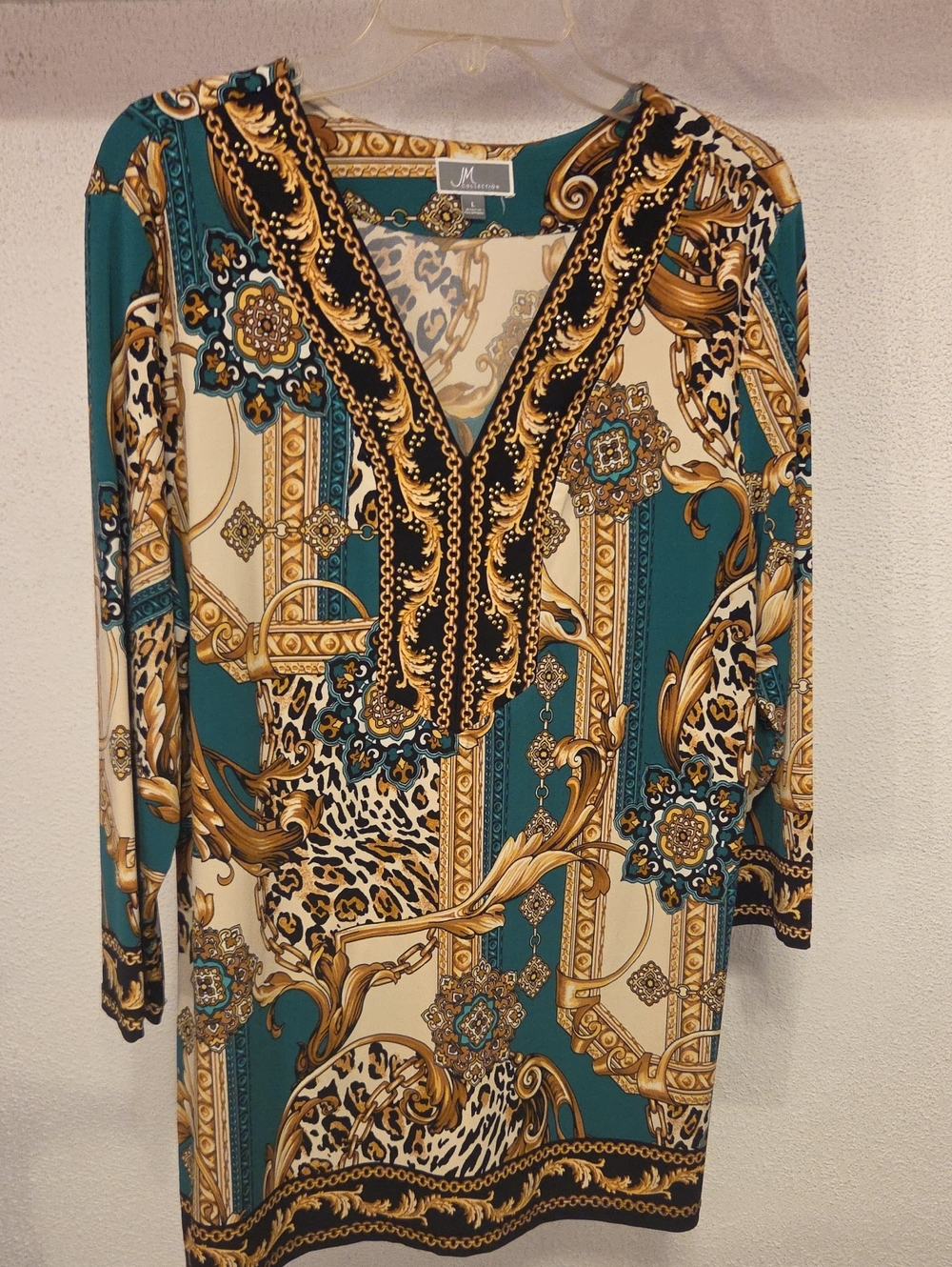 JM Collection Teal, Cream & Gold Printed V-Neck Tunic